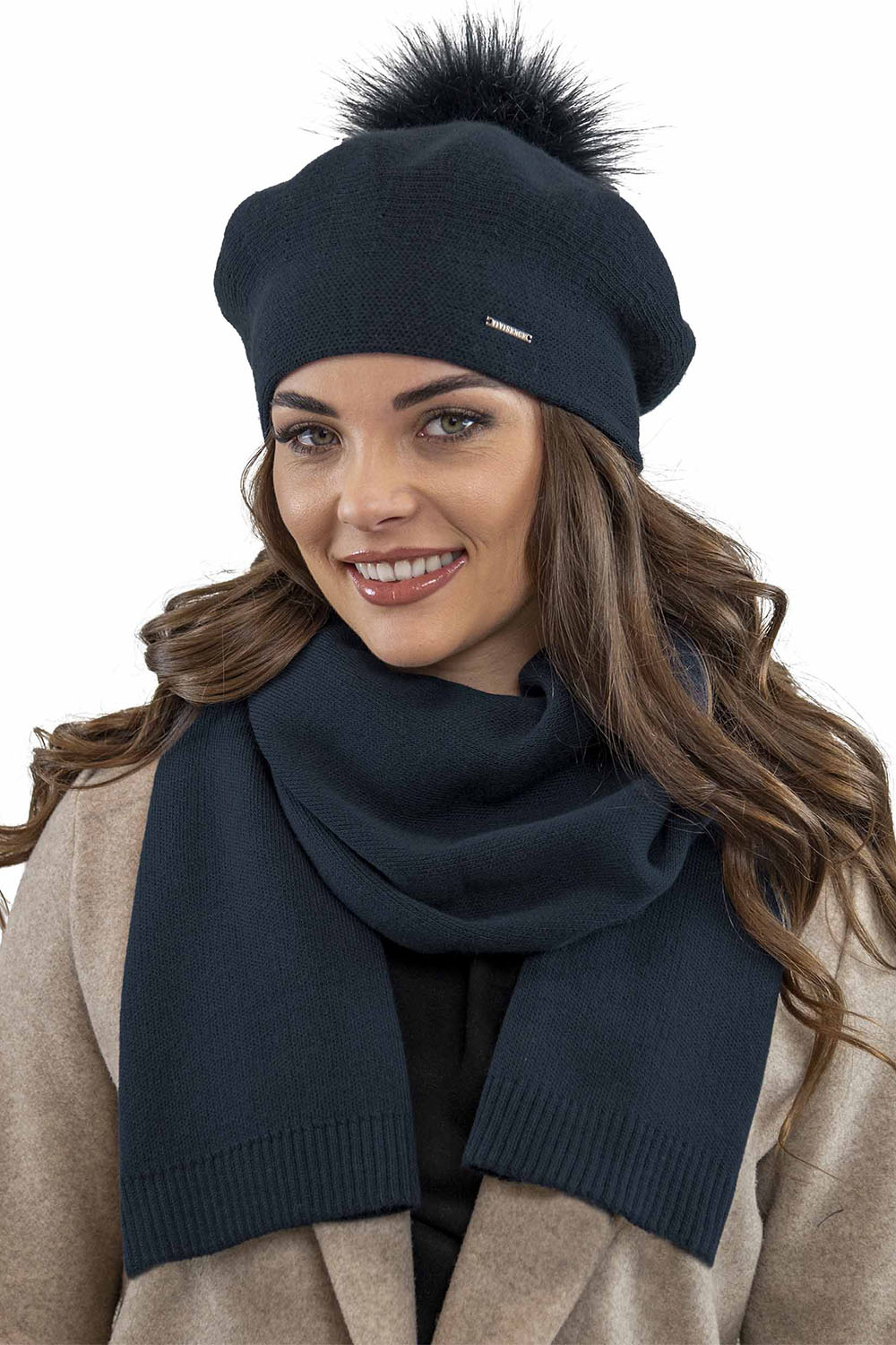 Vivisence Elegant Women's Winter Set Including Beret With Pompom And Matching Scarf Made Of Warm Fabric Perfect For Cold Winter And Autumn Days, dark blue