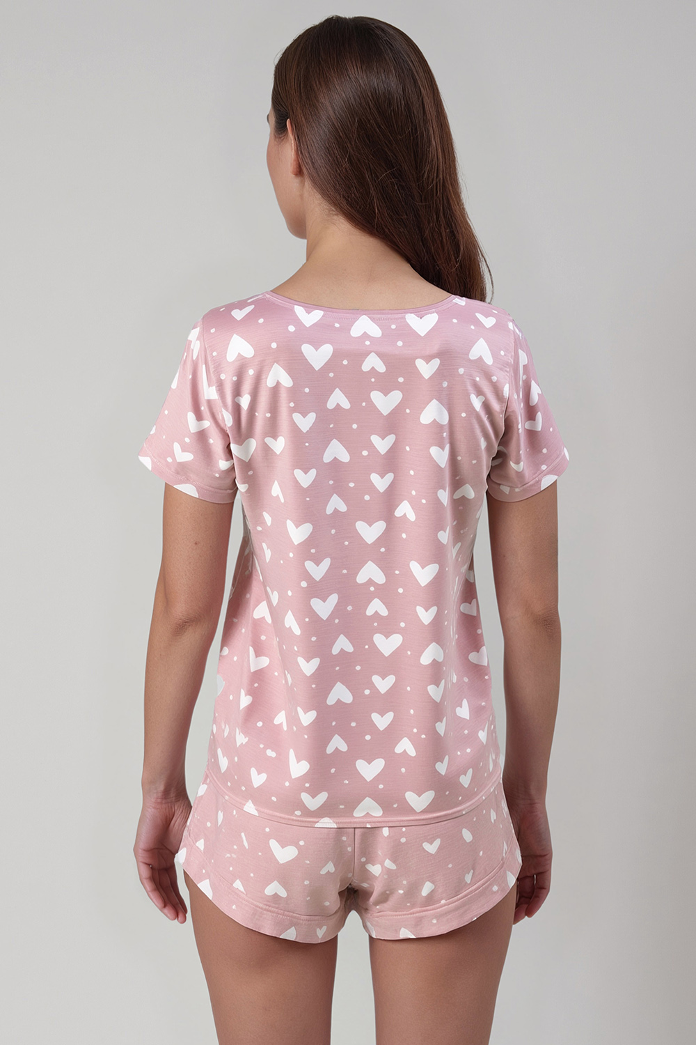 Vivisence Damen Schlafanzug Baumwolle Shorts Herzmuster Bequemer Schlaf, hellrosa