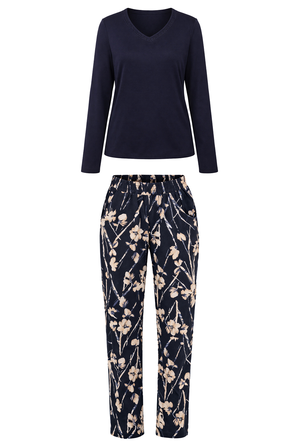 Vivisence Damen Pyjama Modal Baumwolle Langarm V Ausschnitt Bequem Atmungsaktiv, dunkelblau