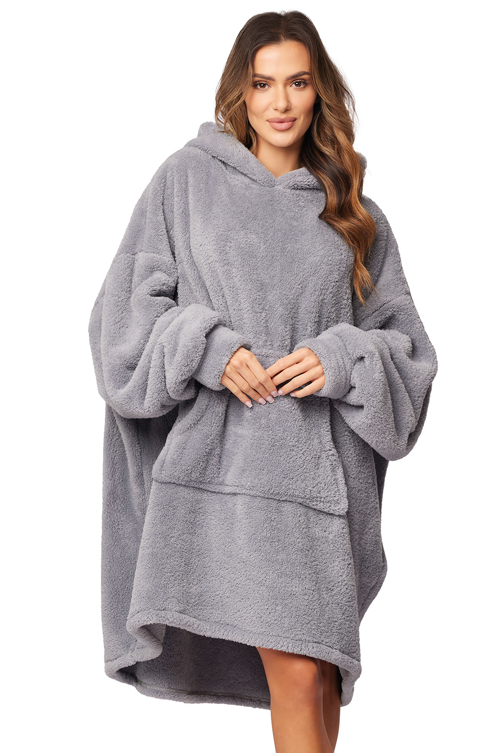 Vivisence Womens Plush Hooded Oversized Robe Cosy Lounge Comfort, grey