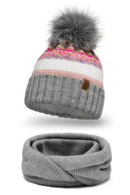 Vivisence Bonnet Et Cache-Cou Pour Femme L'Automne et L'Hiver Ensemble À La Mode Pour Avec Doublure Polaire Antistatique Pliable En Fil Chaud Tissage Coloré Pompon Écologique 7099Kmpl, gris