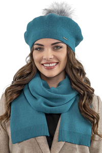 Vivisence Damen Baskenmütze Schal Set Bommel Wolle Warm Elegant Winter 7035Kmpl, türkis