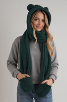 Vivisence Women Winter Hood Scarf With Mittens Soft Polyester Cozy Warmth, bottle green