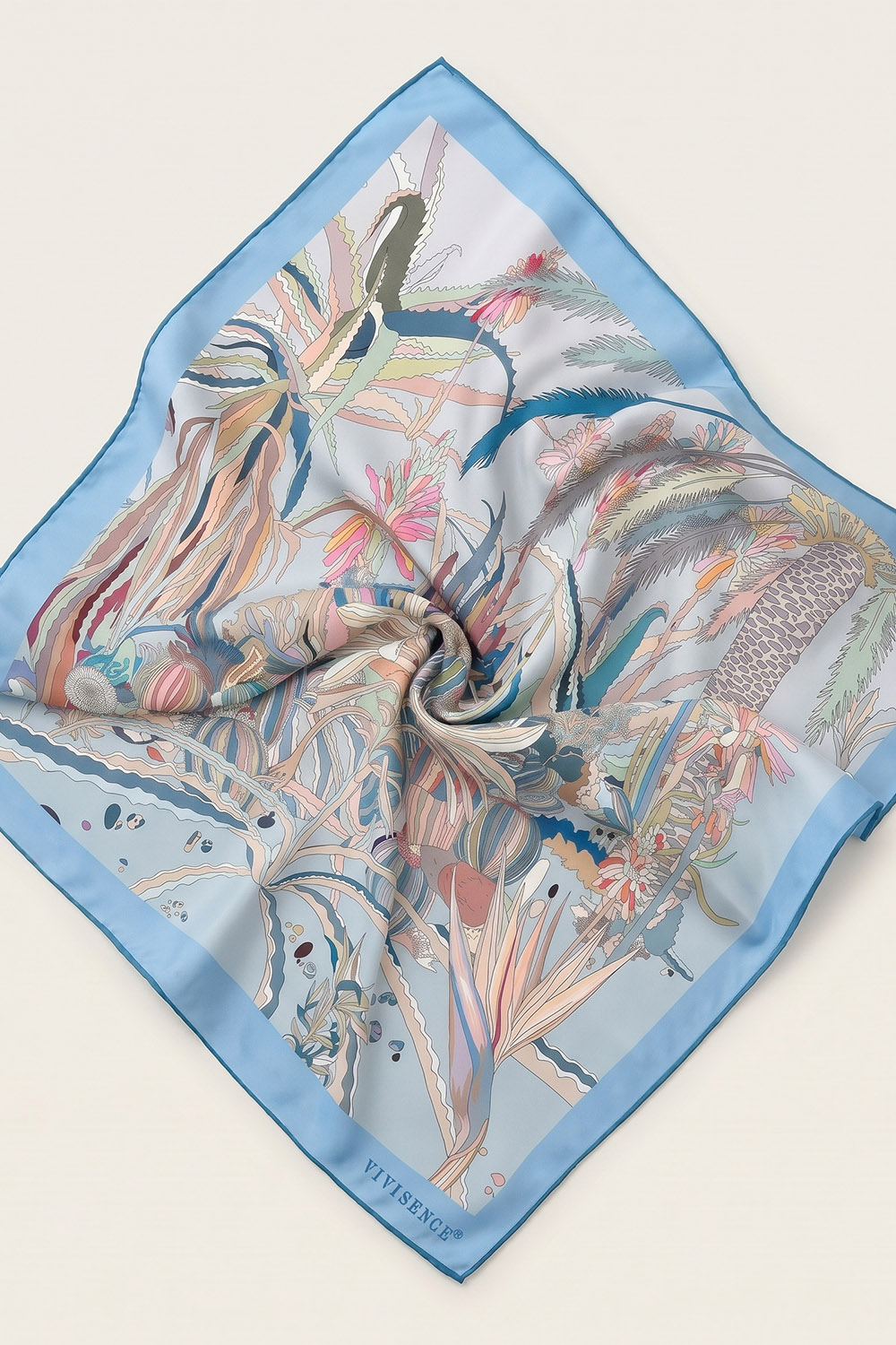 Vivisence Femme Foulard En Soie Naturelle Bords Roulottés Doux Pour La Peau, bleu/beige