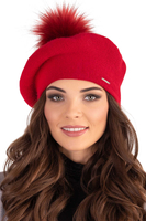 Vivisence Béret Femme Pour L'automne et L'hiver Avec Pompon En Fausse Fourrure Tricoté En Laine Acrylique Doux Chaud Et Confortable Idéal Classique Et Élégant 7035, rouge