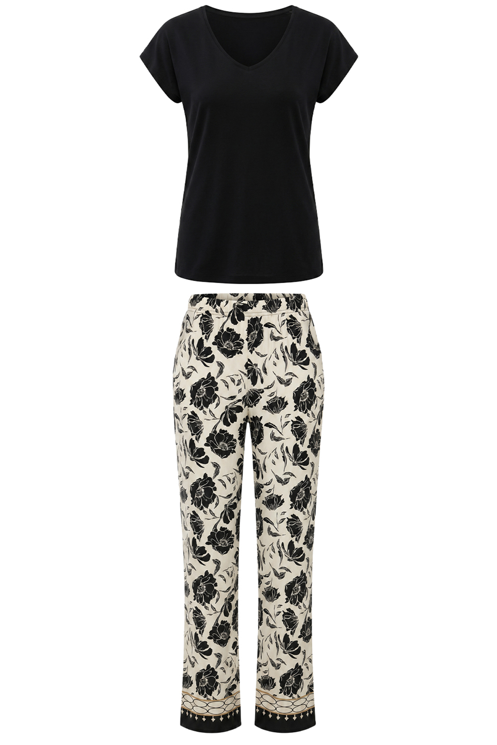 Vivisence Women Pyjama Set Cotton V Neck Top Floral Design Comfort for Every Night, black and white