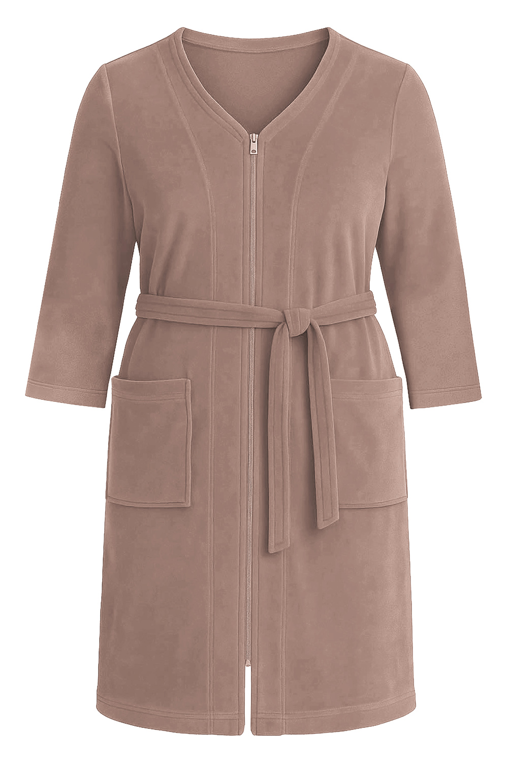 Vivisence Morgenmantel Baumwoll Reißverschluss Gürtel Taschen Für Zuhause Komfort 5018, beige