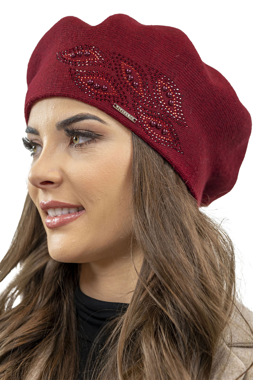 Vivisence Béret Femme Avec Appliqué En Zirkonia Idéal Pour Les Jours Froids 7051, bordeaux