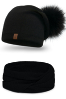 Vivisence Bonnet Pour Femme Et Cache Cou L'Automne et L'Hiver Avec Pompon Tricoté En Acrylique Ensemble Élégant  Écologique Idéal Avec Patch En Cuir Taille Universelle 70105Kmpl, noir