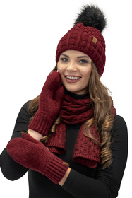 Vivisence Women Winter Hat Scarf And Gloves Set Fleece Lined Soft Knit Warmth, maroon