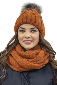 Vivisence Damen Bommelmütze Und Loop-Schal Mit Bommel Ideal Für Wintertage 7014, orange