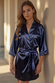 Vivisence Damen Satin Kimono Morgenmantel aus Polyester, eleganter V-Ausschnitt, 3/4 Arm, kurzer Bademantel für Damen als Nachtwäsche, dunkelblau
