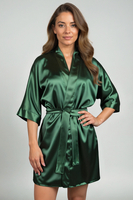 Vivisence Women's Satin Robe with 3/4 Sleeves Tie Waist Short Kimono Style Elegant Polyester Nightwear, Green