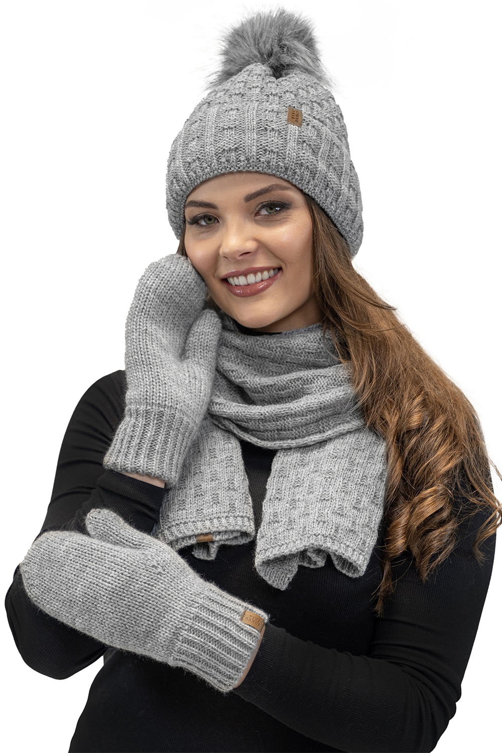 Vivisence Pom Pom Hat For Women Fleece Lined Knitted Winter Style 7015, light grey