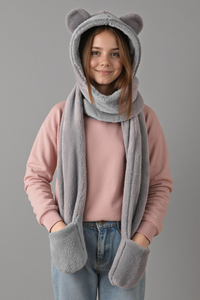 Vivisence Femme Capuche Écharpe Hiver Avec Moufles Oreilles Mignon Douillet, gris clair