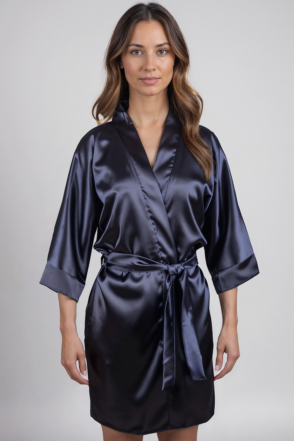 Vivisence Women Satin Robe V Neck Three Quarter Sleeve Tie Waist Short Gift, dark blue