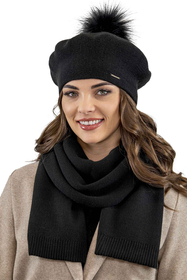 Vivisence Béret Et Écharpe Pour Femme L'automne et L'hiver Ensemble Élégant Fabriqué En Laine Chaude Avec Pompon De Fausse Fourrure Style Classique Idéal Pour Les Froids Jours Cadeau Parfait 7035Kmpl, noir
