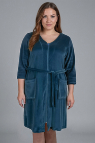 Vivisence Dressing Gown Cotton Zipper and Belt Pockets Home Comfort 5011, dark turquise