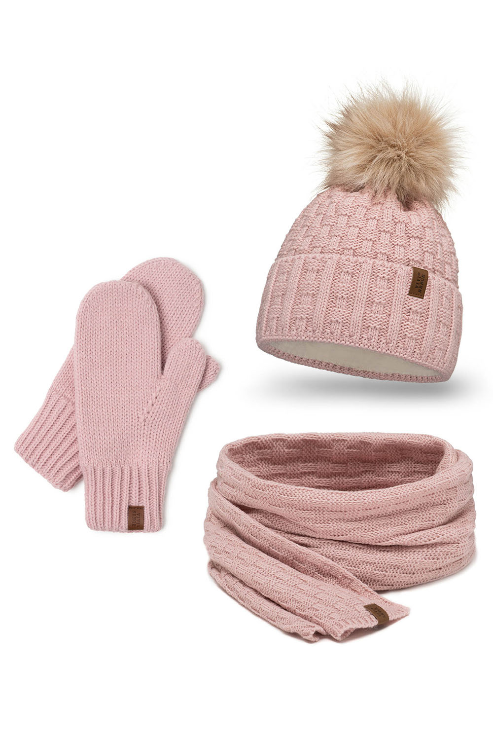 Vivisence Damen Winter Set Mütze Schal Fäustlinge Fleecefutter Gegen Kälte, puderrosa