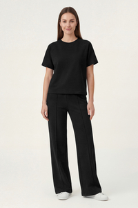 Vivisence Women’s 2 Piece Lounge Set, Short Sleeve T Shirt and Flared Trousers with Pockets, Soft Stretch Co Ord Set, black