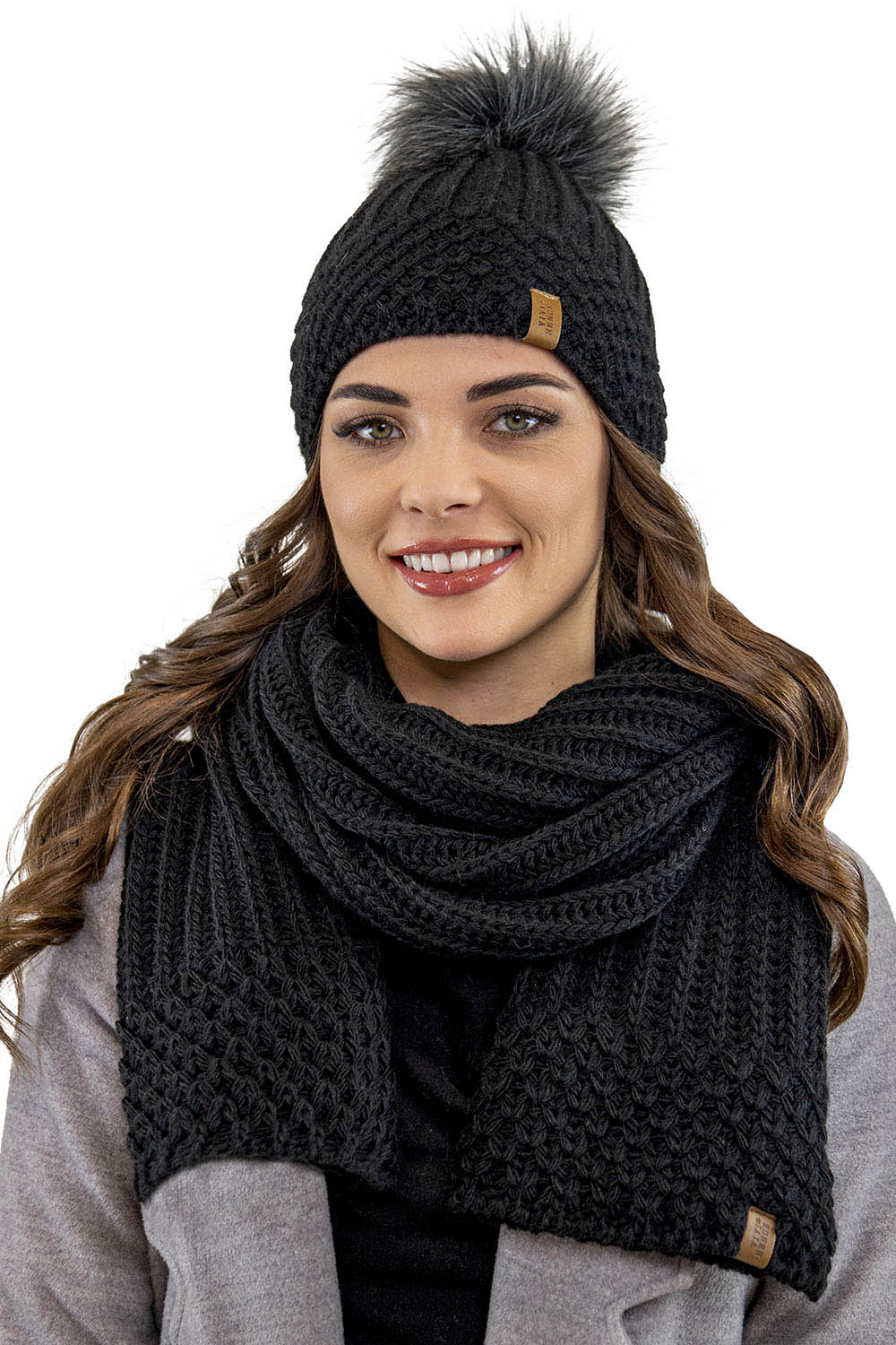 Vivisence Stylish Winter Set Including Warm Hat With Pompom And Matching Scarf Made From Warm And Soft Fleece-Lined Fabric Ideal For Cold Winter Days, black