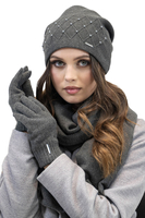 Vivisence Damen Mütze Strick Warm Winter Perlen Elegant Wolle Fleece Falten 7002, dunkelgrau