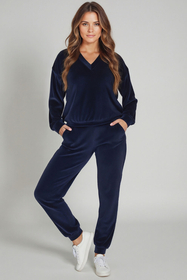 Vivisence Women Tracksuit Cotton Set Ribbed Waistband Casual Loungewear 9202, dark blue