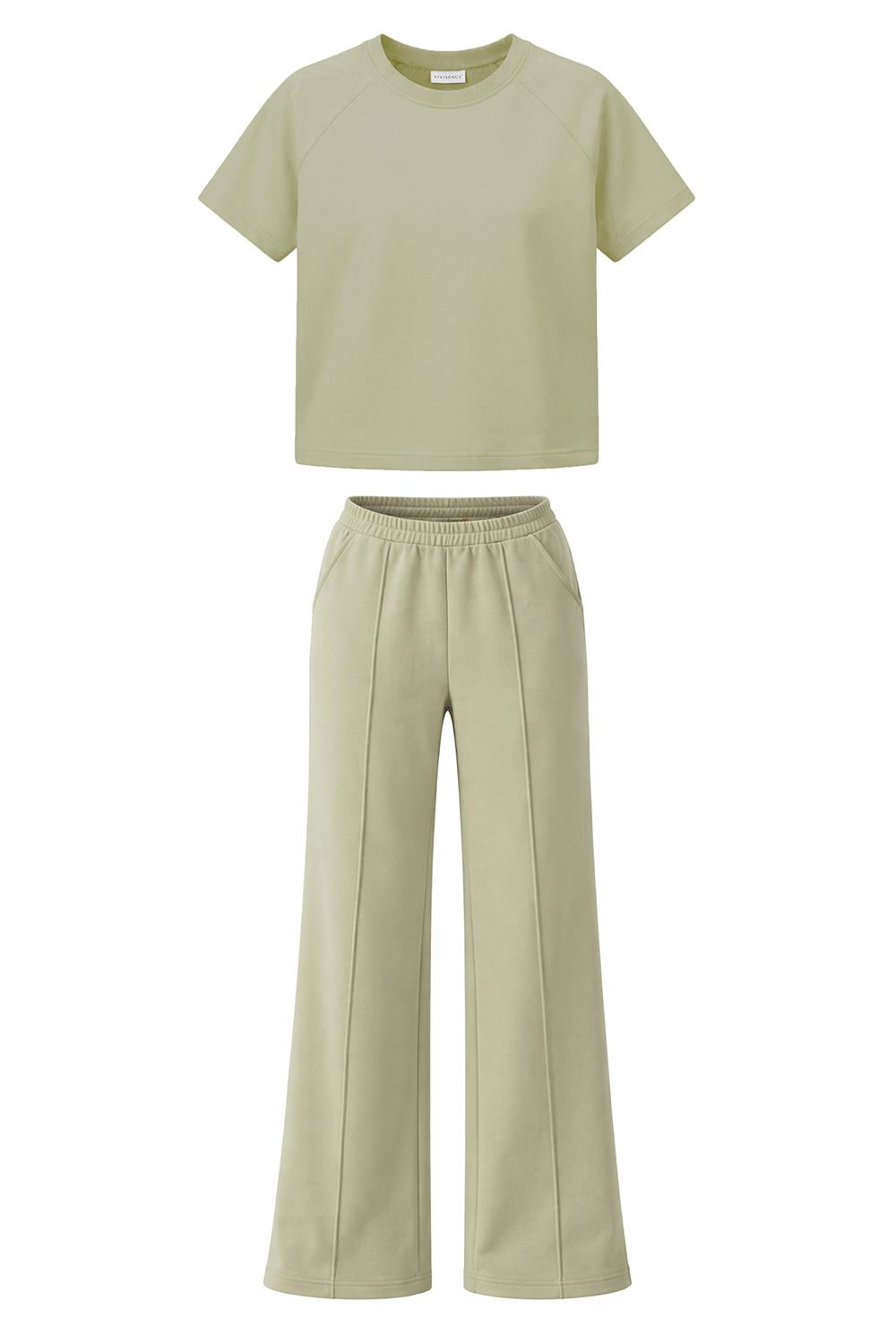 Vivisence Women’s 2 Piece Lounge Set, Short Sleeve T Shirt and Flared Trousers with Pockets, Soft Stretch Co Ord Set, olive