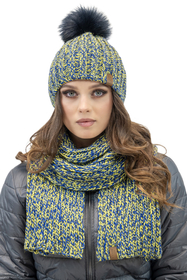 Vivisence Bonnet Pour Femme L'Automne et L'Hiver Bicolore Avec Gros Pompon En Fibres Écologiques Doublé De Polaire Antistatique Parfait Pour Les Froides Journées Avec Écusson En Éco-Cuir Et 7086, jaune