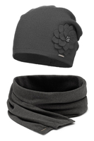 Vivisence Stylish Winter Set For Women Classic Hat And Scarf Made Of Warm And Soft Fabric With Wool Blend With Floral Decoration Perfect For Cold Winter And Autumn Days, dark grey
