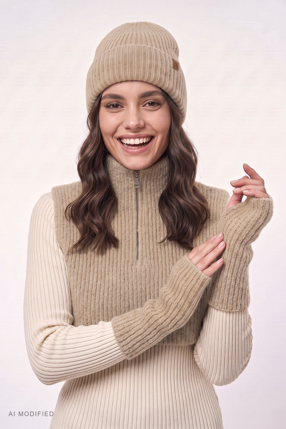 Vivisence Damen Set Mütze Schal Handwärmer warme Strickware, beige