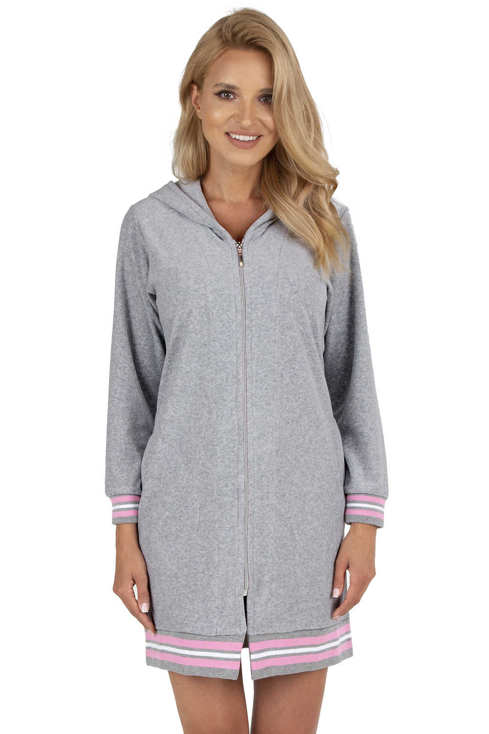 Vivisence Bademantel Baumwoll mit Reißverschluss und Bündchen an den Ärmeln 5018, grau-rosa