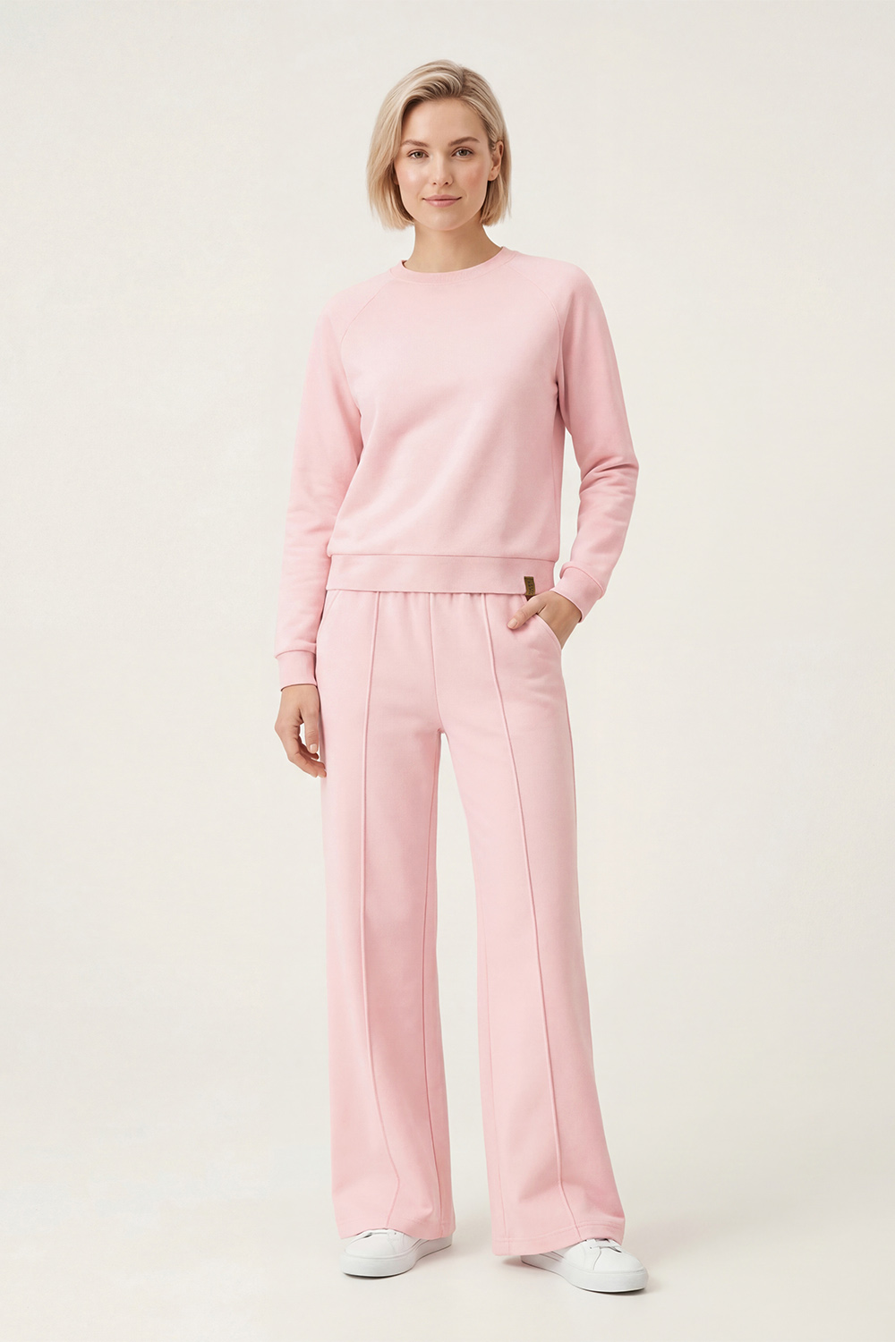 Vivisence Women’s 2 Piece Lounge Set, Crew Neck Sweatshirt and Flared Trousers with Pockets, Soft Stretch Co Ord Set, pink