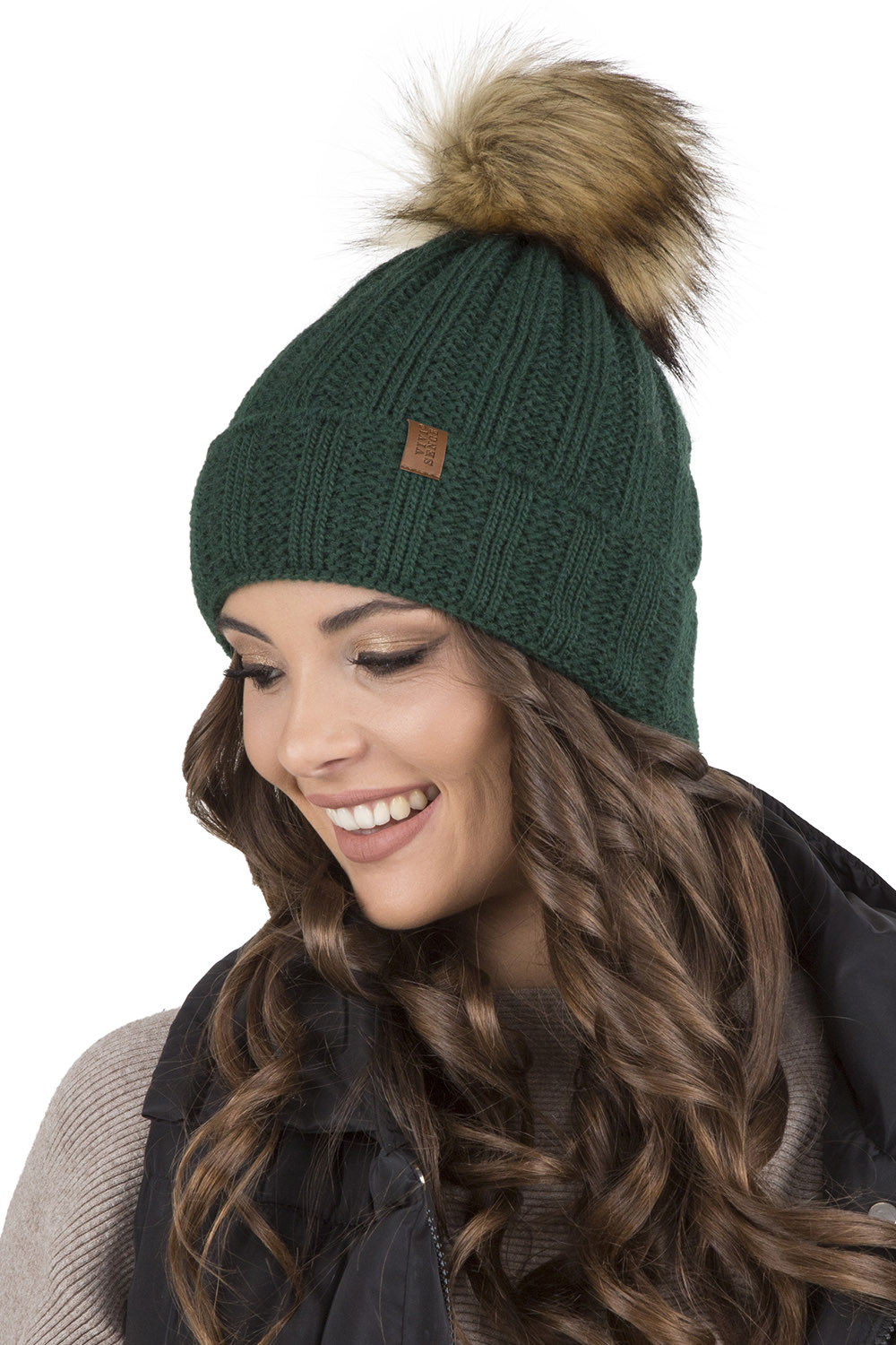 Vivisence Bonnet À Pompon Femme Doublé En Polaire Avec Pompon En Fausse Fourrure 7019, vert