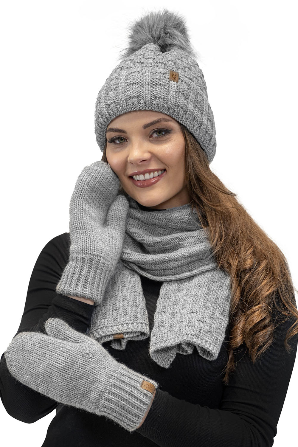 Vivisence Women Winter Hat Scarf And Gloves Set Fleece Lined Soft Knit Warmth, light grey