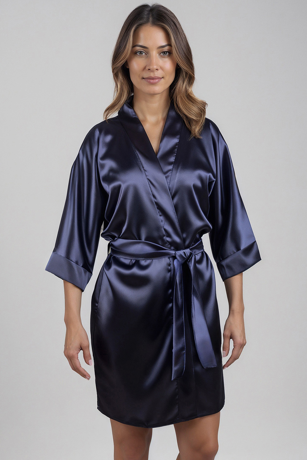 Vivisence Damen Satin Kimono Mit Bindegürtel Für Bequemen Komfort Zuhause, dunkelblau