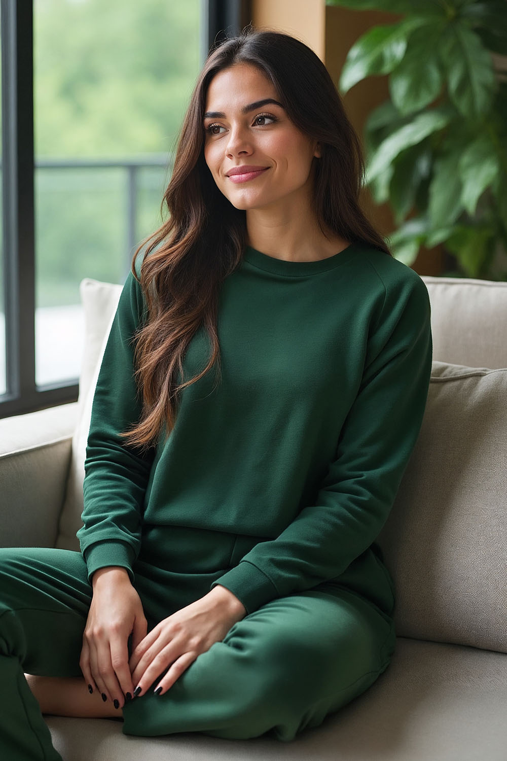 Vivisence Women's Tracksuit Two Piece Lounge Set With Classic Sweatshirt And Tapered Joggers Featuring Elastic Waist Ribbed Cuffs And Side Pockets For Everyday Comfort 9204kmpl, Green