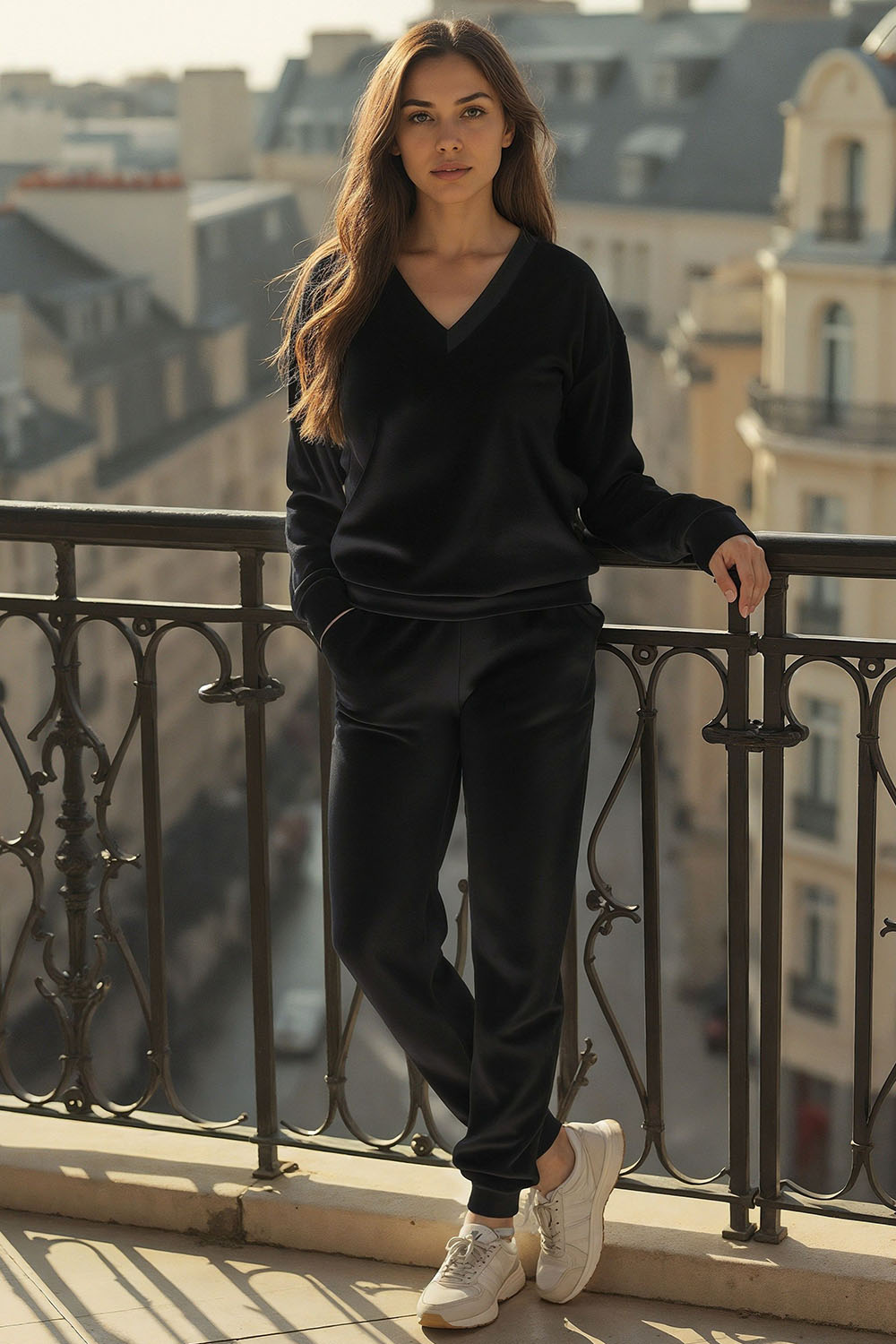 Vivisence Women Sweatshirt Velour V Neck Long Sleeve Lounge Casual 9002, Black