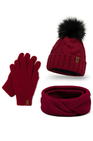 Vivisence Damen Winter Set Bommelmütze Loop Schal Handschuhe Warm Elegant, weinrot