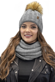 Vivisence Women's Pom Pom Hat Fleece Lined Faux Fur Pom Knitted 7019, light grey