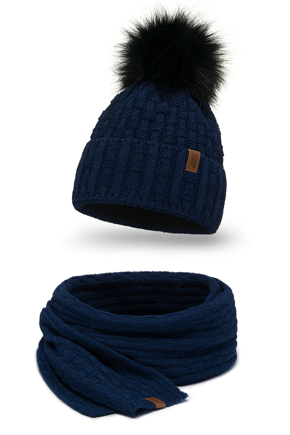 Vivisence Femme Bonnet Et Écharpe Pour l'Automne et l'Hiver À Pompon Chauds Doublés De Polaire Anti-Statique Idéal Pour Les Hommes Élégants Parfait Pour Froides Journées 7015Kmpl, bleu foncé