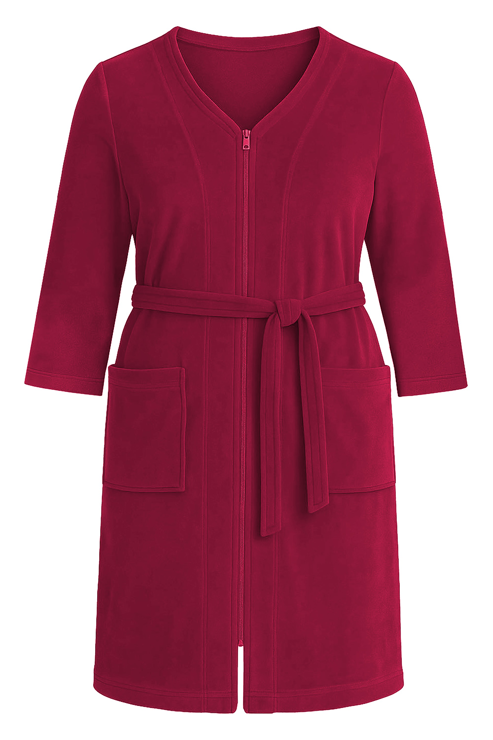 Vivisence Dressing Gown Cotton Zipper and Belt Pockets Home Comfort 5011, ruby
