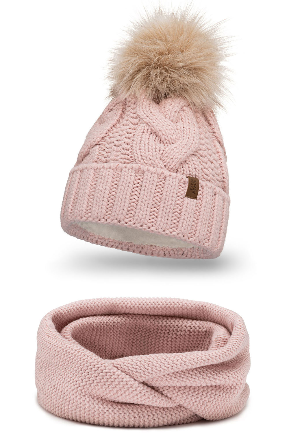 Vivisence Stylish Women's Winter Set Including Pompom Hat And Cozy Snood Scarf Made From Soft And Warm Fabric Smooth Fleece Lining Ideal For Cold Days, light pink