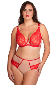 Vivisence Soft Lace Underwire Bra with Full Sheer Cups and Decorative Gold Elements Lingerie for Women Adjustable Straps and Lycra Back Lift & Gather Effect, red