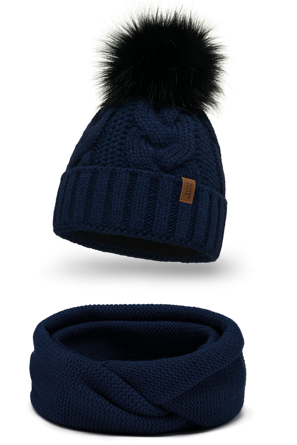 Vivisence Damen Bommelmütze Und Loop-Schal Mit Bommel Ideal Für Wintertage 7014, dunkelblau