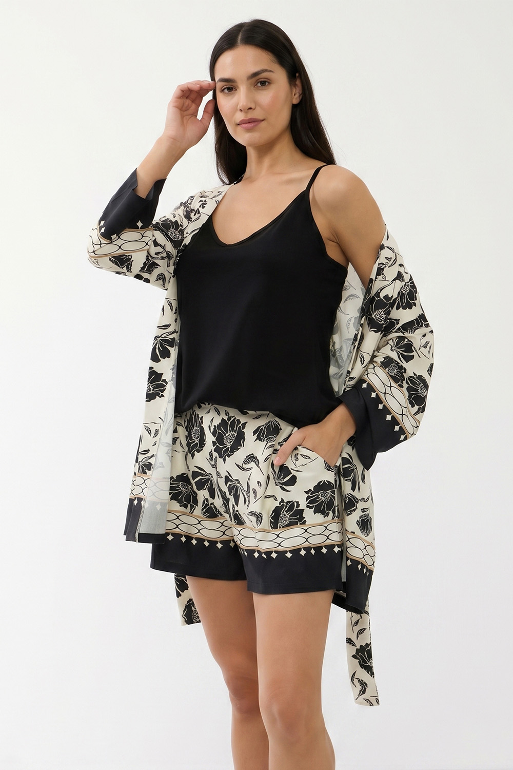 Vivisence Women Nightwear Set Cotton Blend Breathable Comfort for Night, black and white
