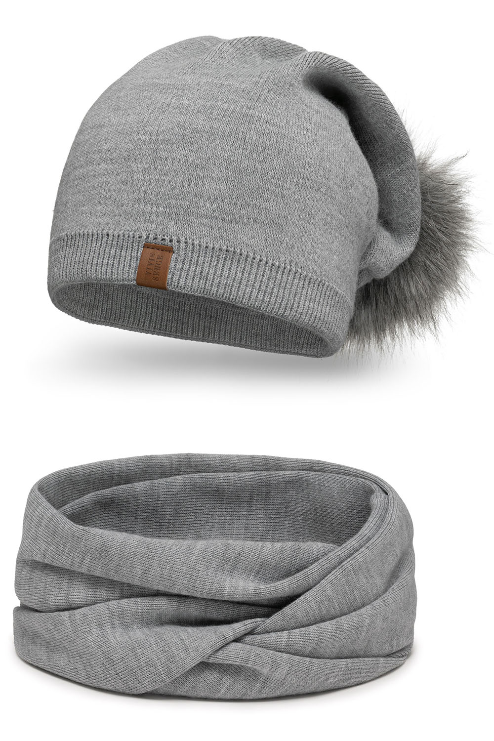 Vivisence Bonnet Pour Femme Et Cache Cou L'Automne et L'Hiver Avec Pompon Tricoté En Acrylique Ensemble Élégant  Écologique Idéal Avec Patch En Cuir Taille Universelle 70105Kmpl, noir