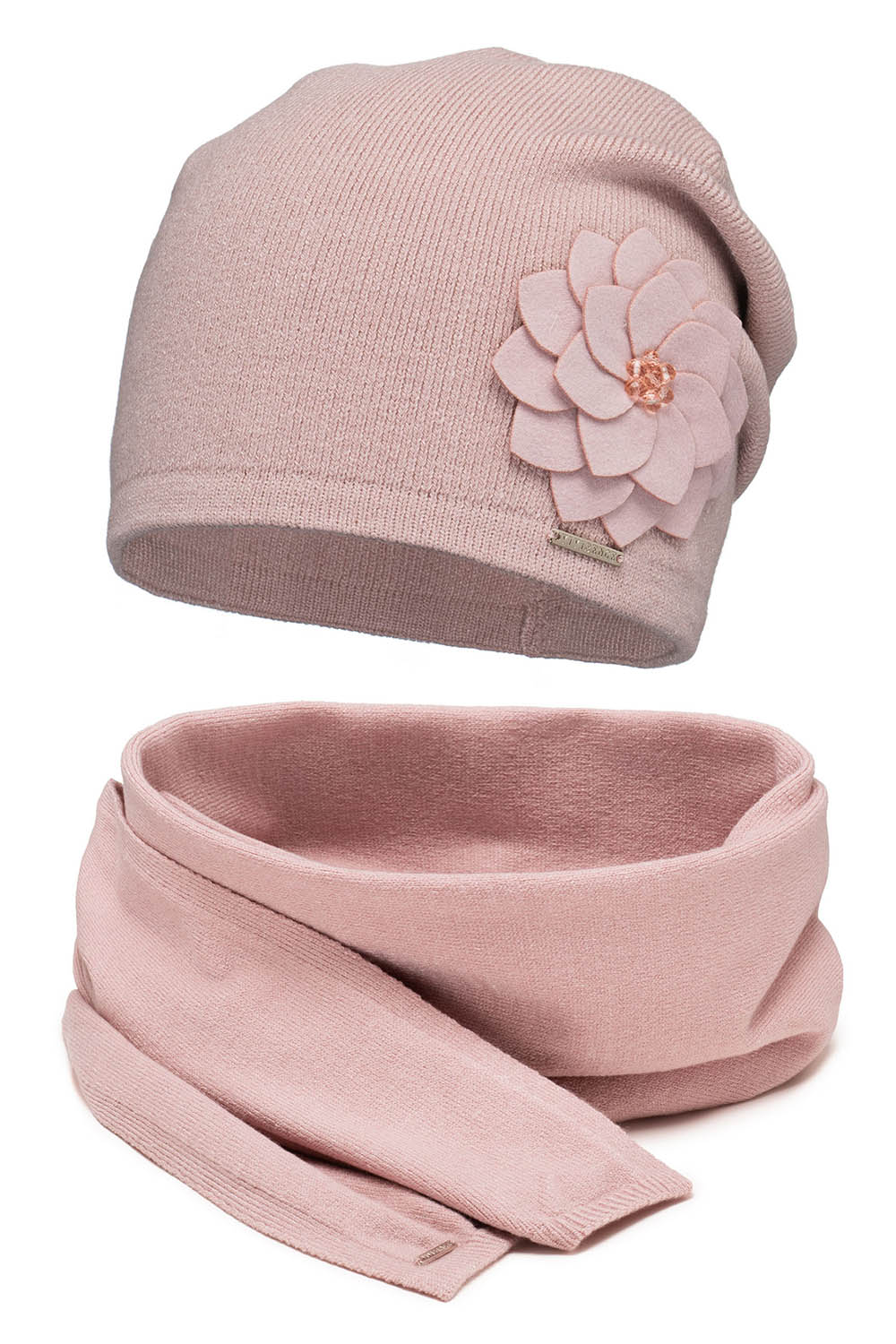 Vivisence Stylish Winter Set For Women Classic Hat And Scarf Made Of Warm And Soft Fabric With Wool Blend With Floral Decoration Perfect For Cold Winter And Autumn Days, powder pink