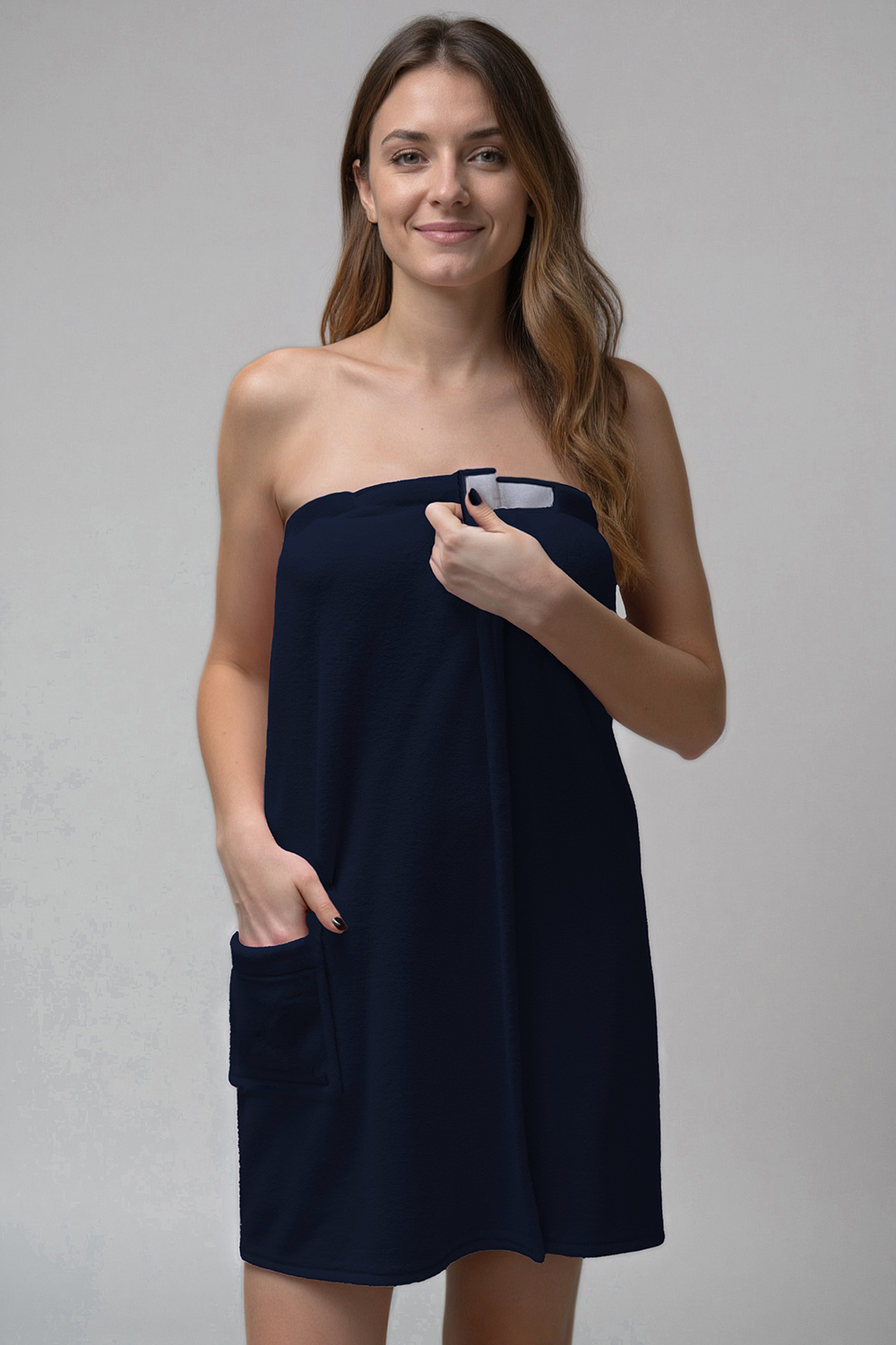 Vivisence Women's Shower Towel Wrap Comfortable Cotton Towel With Velcro Closure Elastic Band And Handy Pocket Perfect For Home Spa Or Sauna Use, dark blue