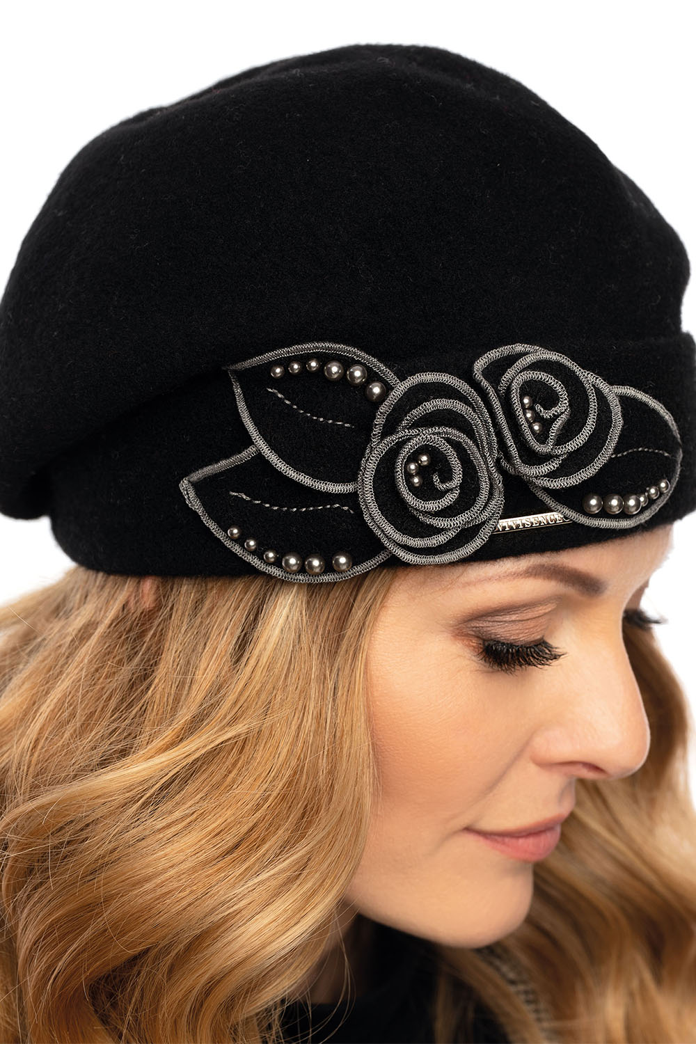 Vivisence Handmade Elegant Women's Cap With Floral Applique And Beads Decorative Folds Made From Warm Wool Static-Free Design Perfect Fit Ideal For Cold Winter Days, black